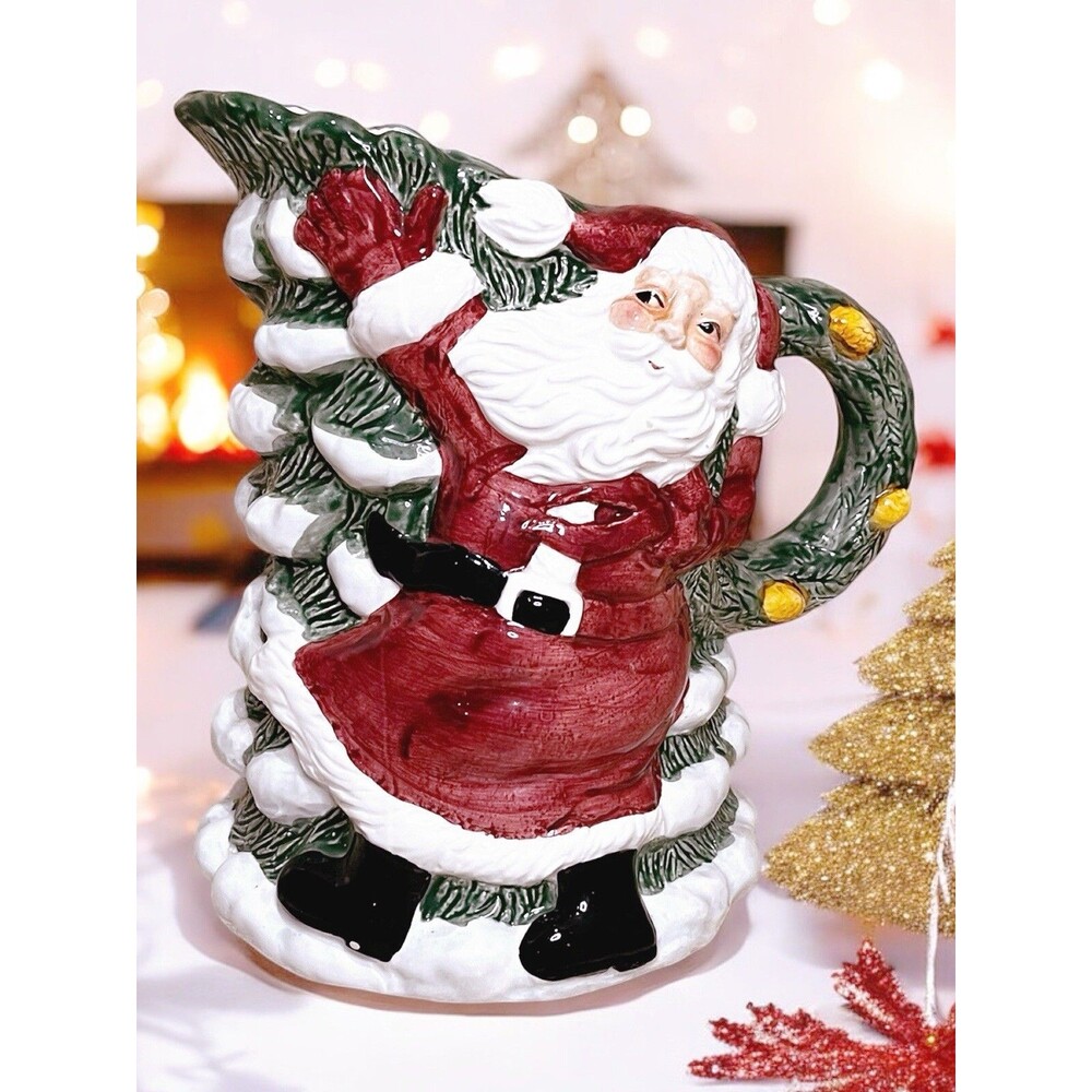 VTG Christmas Holiday Santa Lotus Windblown Snowy Tree 2 Quart Ceramic Pitcher